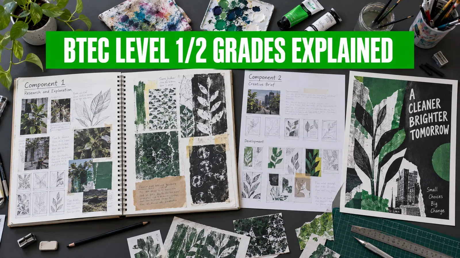 BTEC Level 1/2 Art and Design grades explained with Component 1 and Component 2 portfolio work