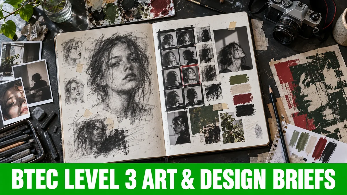 Open art and design sketchbook with portrait studies, contact sheets, material tests and a green BTEC Level 3 banner