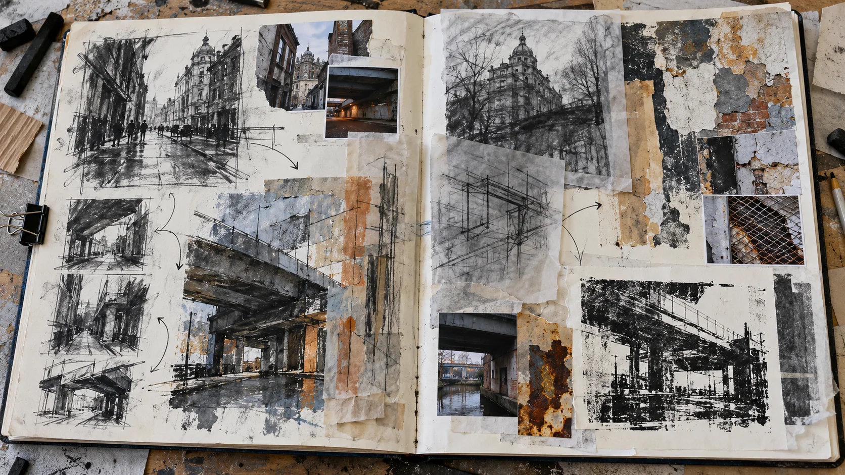 Illustrative Fine Art sketchbook exploring city architecture through charcoal drawings, photographs and texture tests