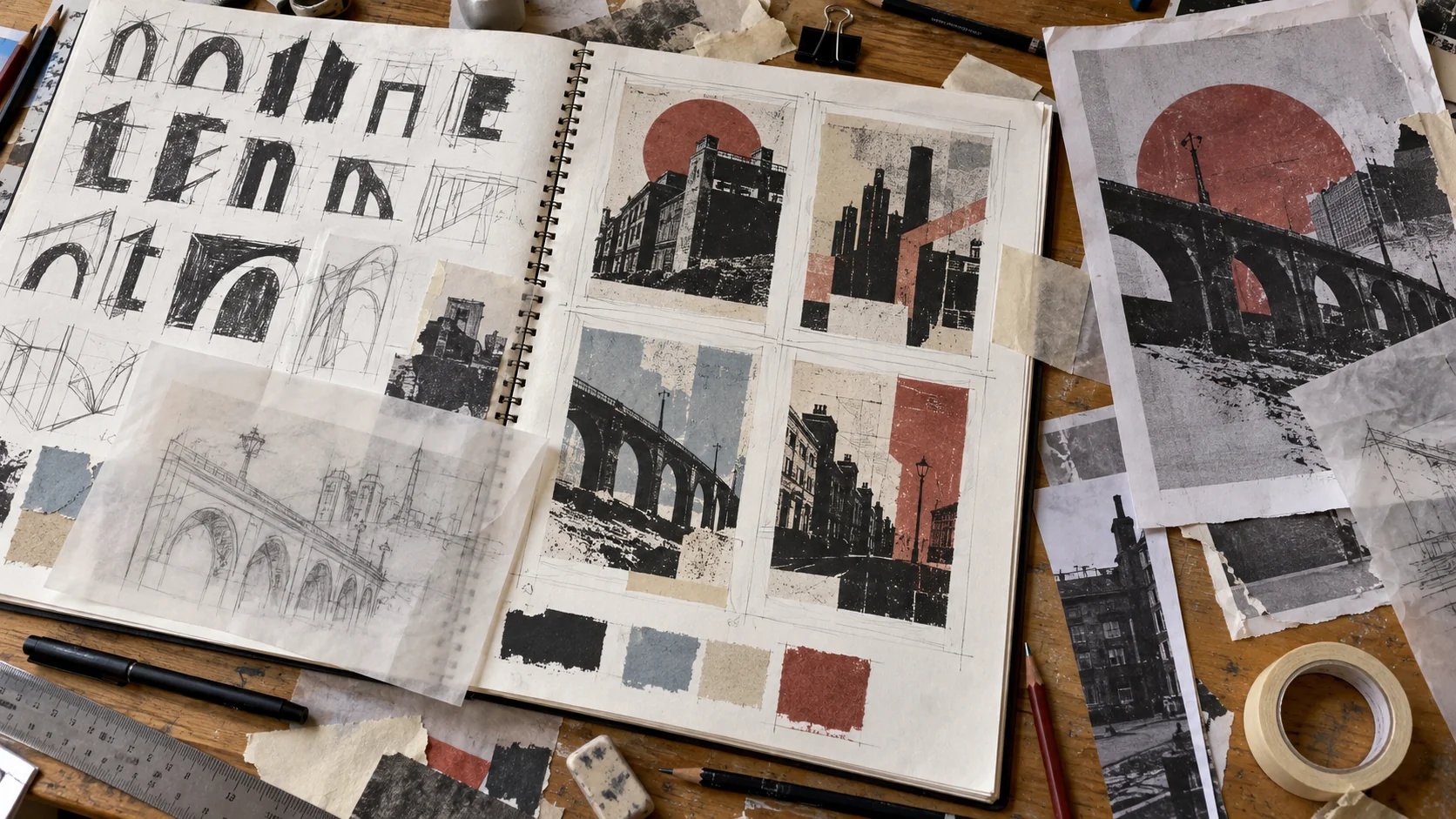 Illustrative Graphic Communication sketchbook showing urban poster thumbnails, typography tests, tracing overlays and mockups