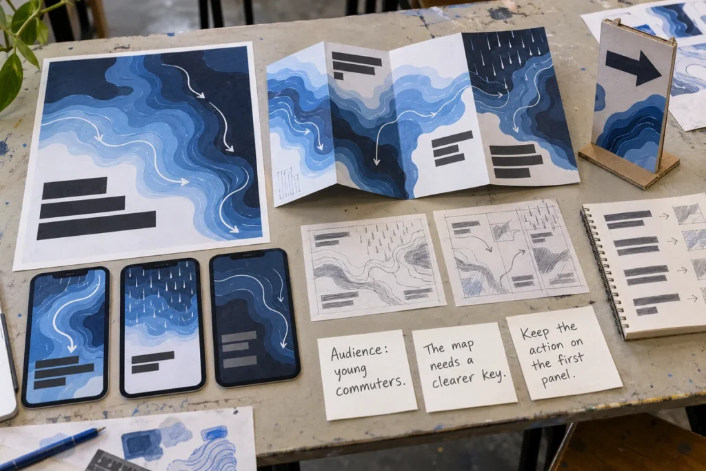 BTEC Level 3 heavy-rain graphic campaign with poster, leaflet, phone panels, cardboard sign and handwritten decisions