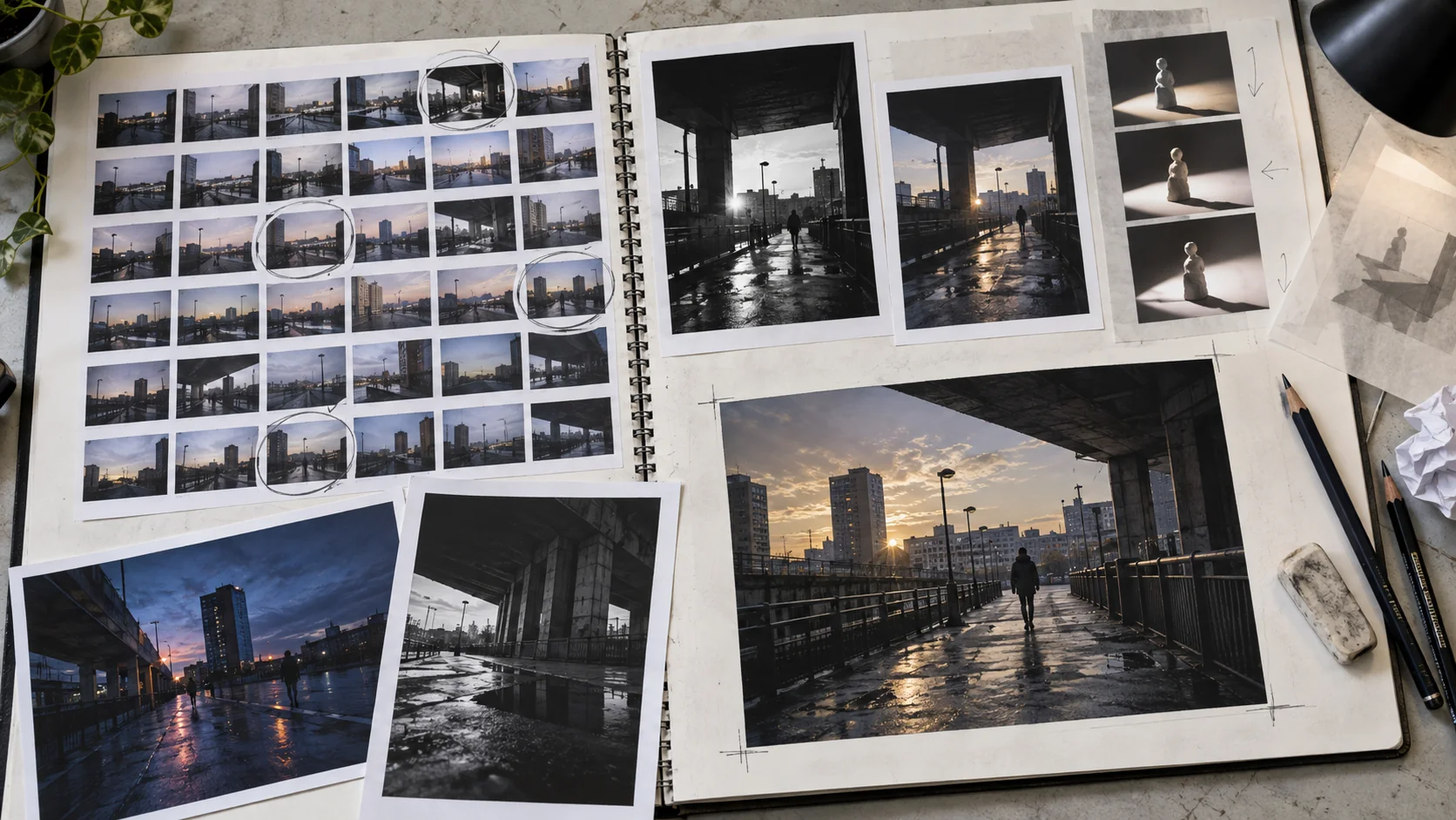 Illustrative Photography portfolio with urban contact sheets, circled selections, test prints and a developed final image