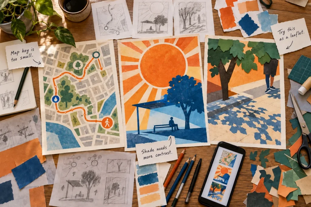 Desk with original heat campaign poster ideas, map sketch, sun design, tree collage and thumbnails