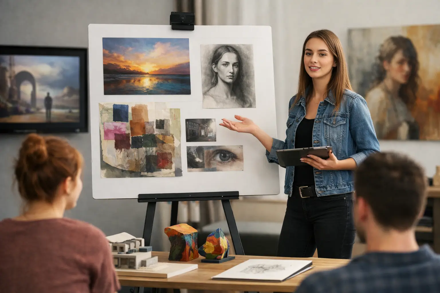 Student presenting a mounted board of landscape, portrait, collage and observational art studies to a class