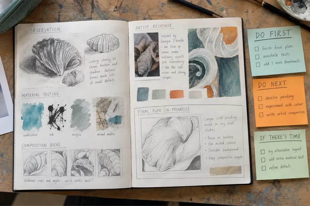 Open GCSE Art sketchbook beside priority notes labelled Do First, Do Next and If There’s Time