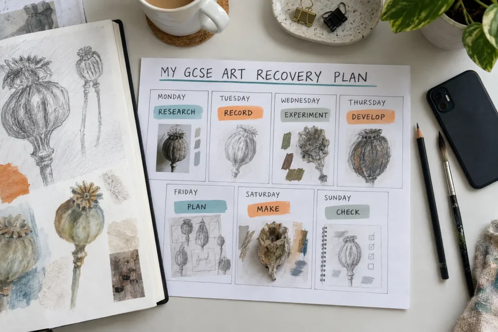 Seven-day GCSE Art recovery planner showing research, recording, experimentation, development, planning, making and checking