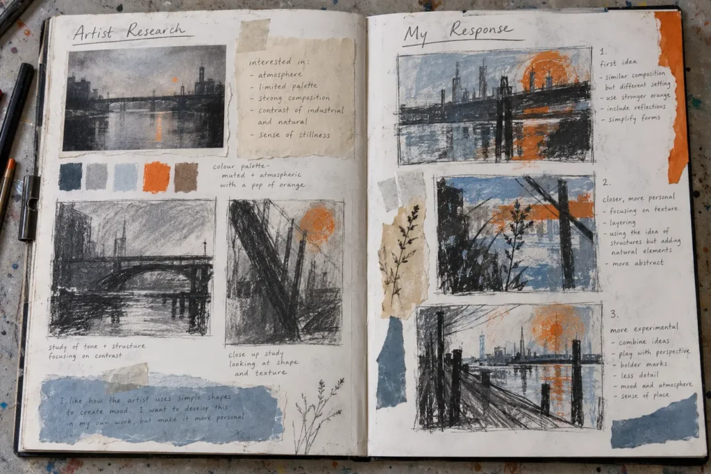 Open GCSE Art sketchbook showing artist research leading to three original student response ideas