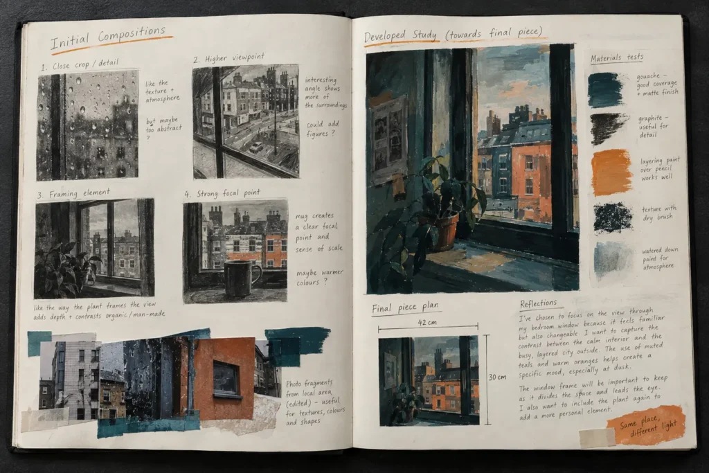 GCSE Art sketchbook showing composition thumbnails, a developed colour study and final piece plan