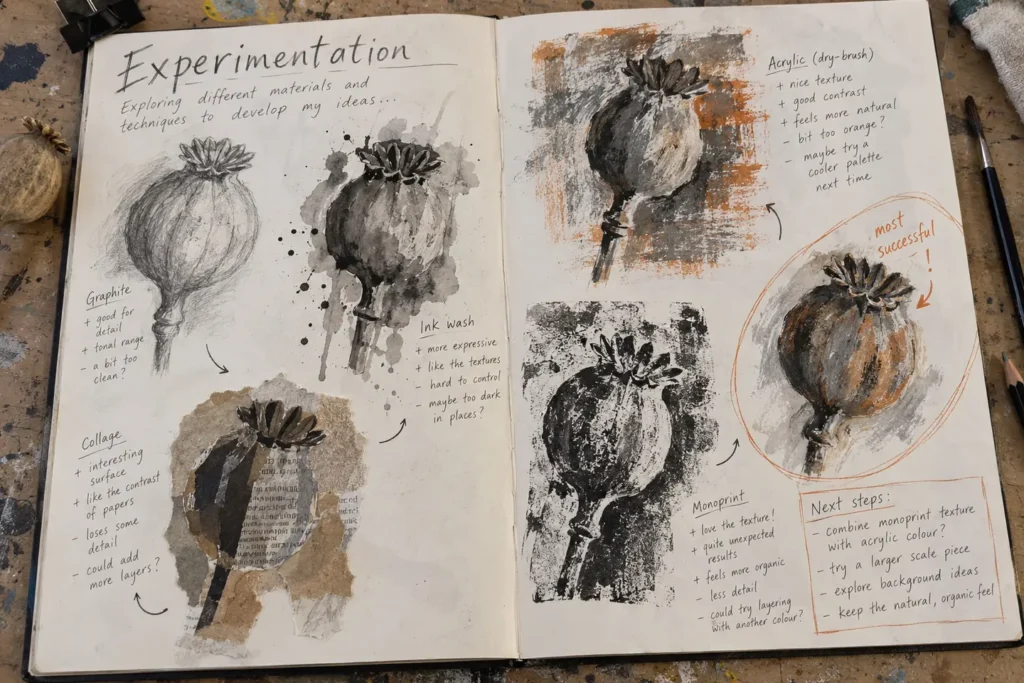 GCSE Art sketchbook spread comparing graphite, ink, collage, acrylic and monoprint experiments
