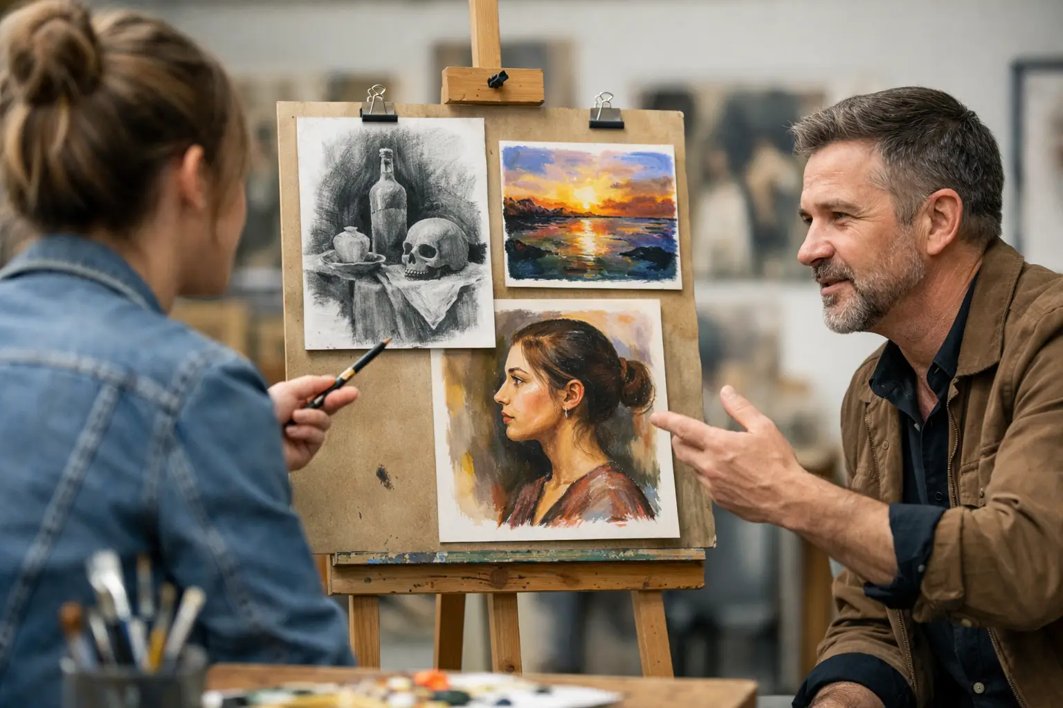 Art teacher discussing a student portfolio board containing portrait, landscape and observational studies