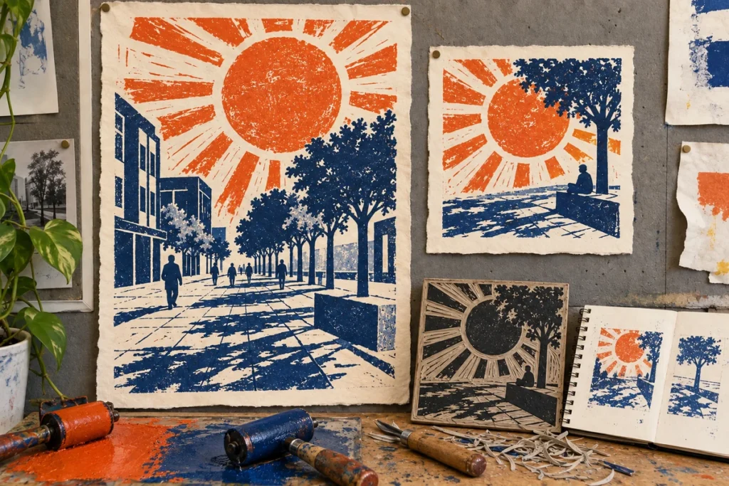 GCSE urban shade linocut poster, smaller print, carved lino block and ink rollers