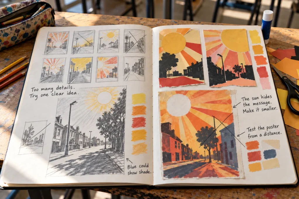 GCSE Graphic Communication sketchbook with hand-drawn urban heat poster trials and readable handwritten decisions