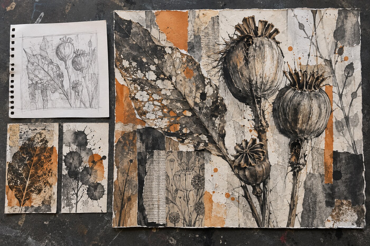 GCSE Fine Art mixed-media final piece of seed pods beside a planning sketch and material tests.
