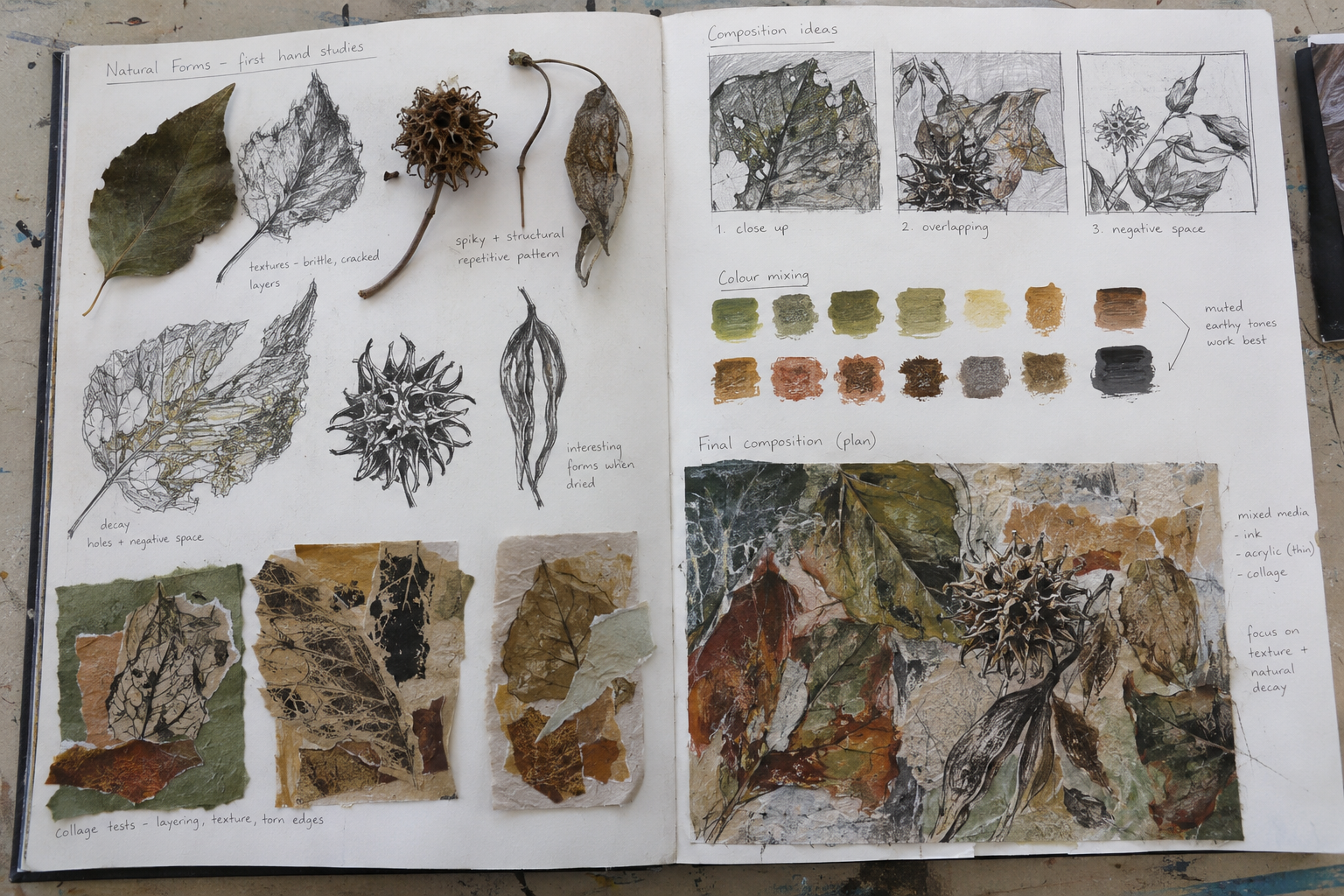 GCSE Fine Art sketchbook spread developing dried-leaf observations through composition, colour and collage tests into a final mixed-media plan