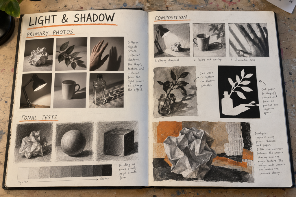 Original GCSE Fine Art Light and Shadow exemplar sketchbook with primary photographs, tonal studies, ink, cut paper and composition tests