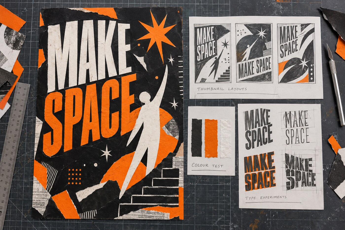 GCSE Graphic Communication Make Space poster beside thumbnail layouts, colour tests and type experiments.