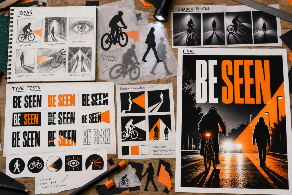 Original GCSE Graphic Communication Light and Shadow exemplar developing a BE SEEN road-safety poster with silhouettes and positive-negative space