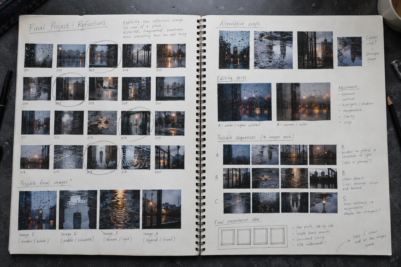 GCSE Photography sketchbook showing a reflections contact sheet, selected images, crop tests, editing comparisons and final sequence planning