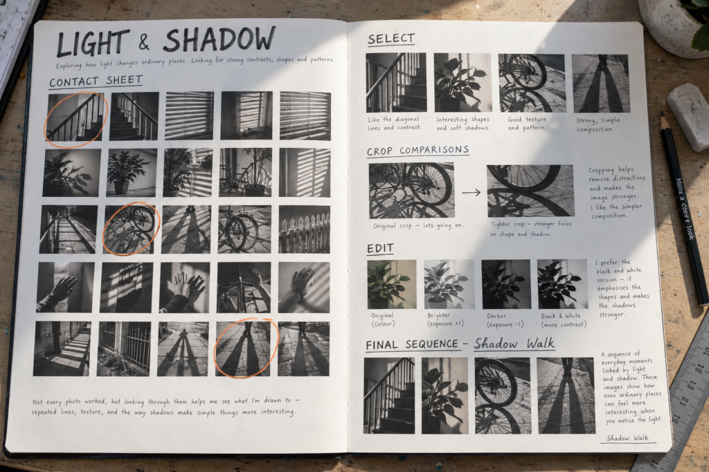 Original GCSE Photography Light and Shadow exemplar with contact sheet, selection, crop comparison, exposure edits and a final Shadow Walk sequence