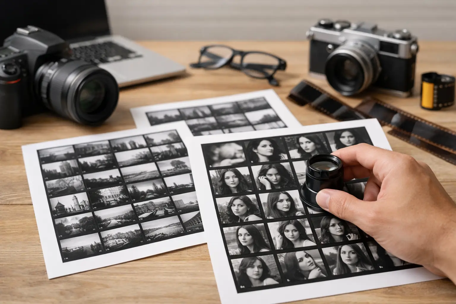 Photography contact sheets on a desk with cameras and a hand using a magnifying loupe