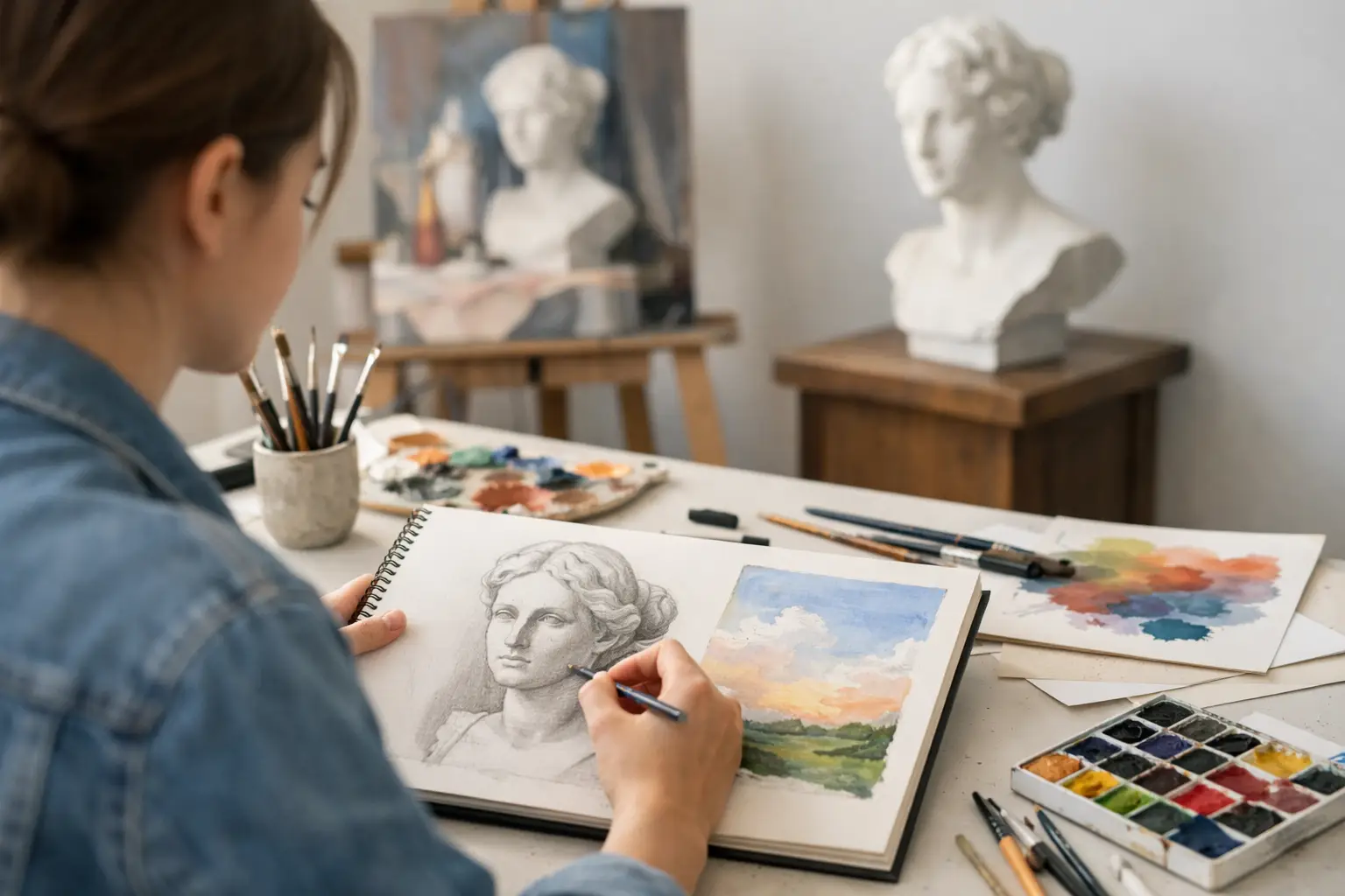 A Level Art student drawing a classical bust and landscape studies in a sketchbook