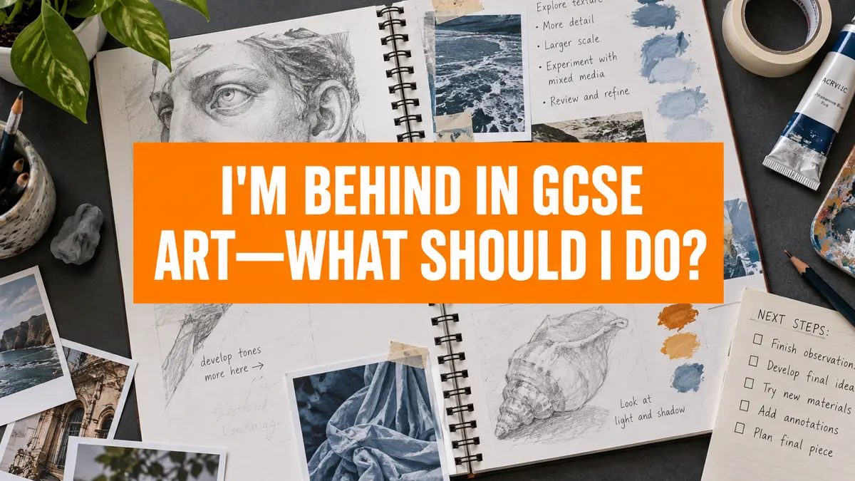 GCSE Art sketchbook workspace with the title I’m Behind in GCSE Art—What Should I Do?