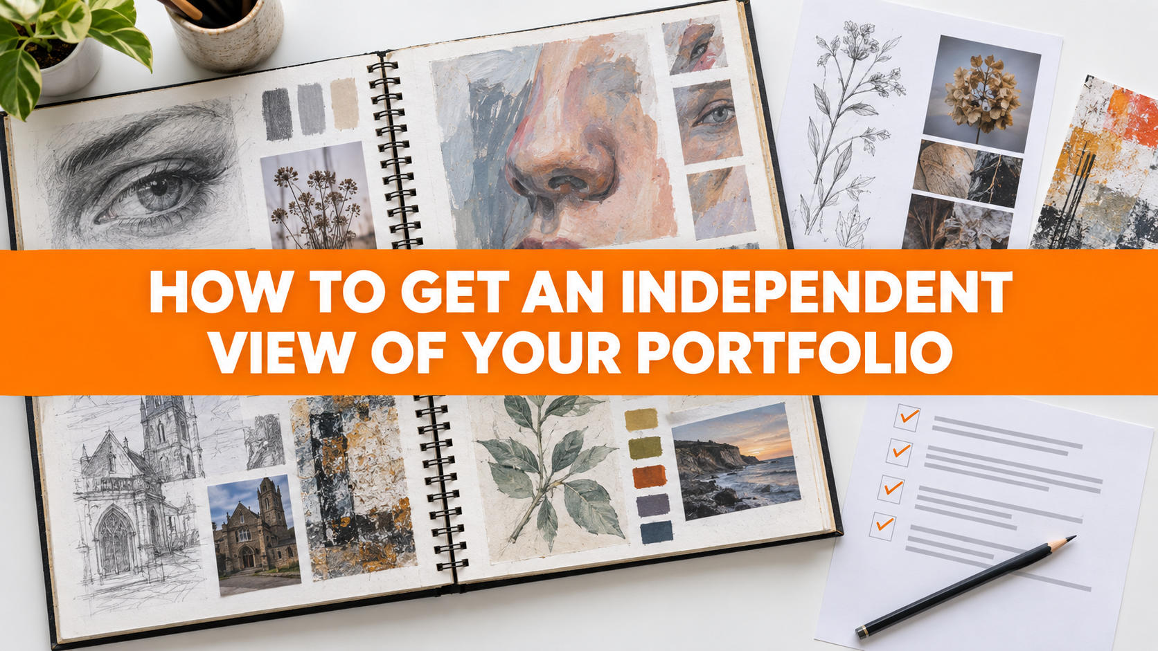 Open art sketchbook and feedback sheet illustrating how to get an independent view of your portfolio.