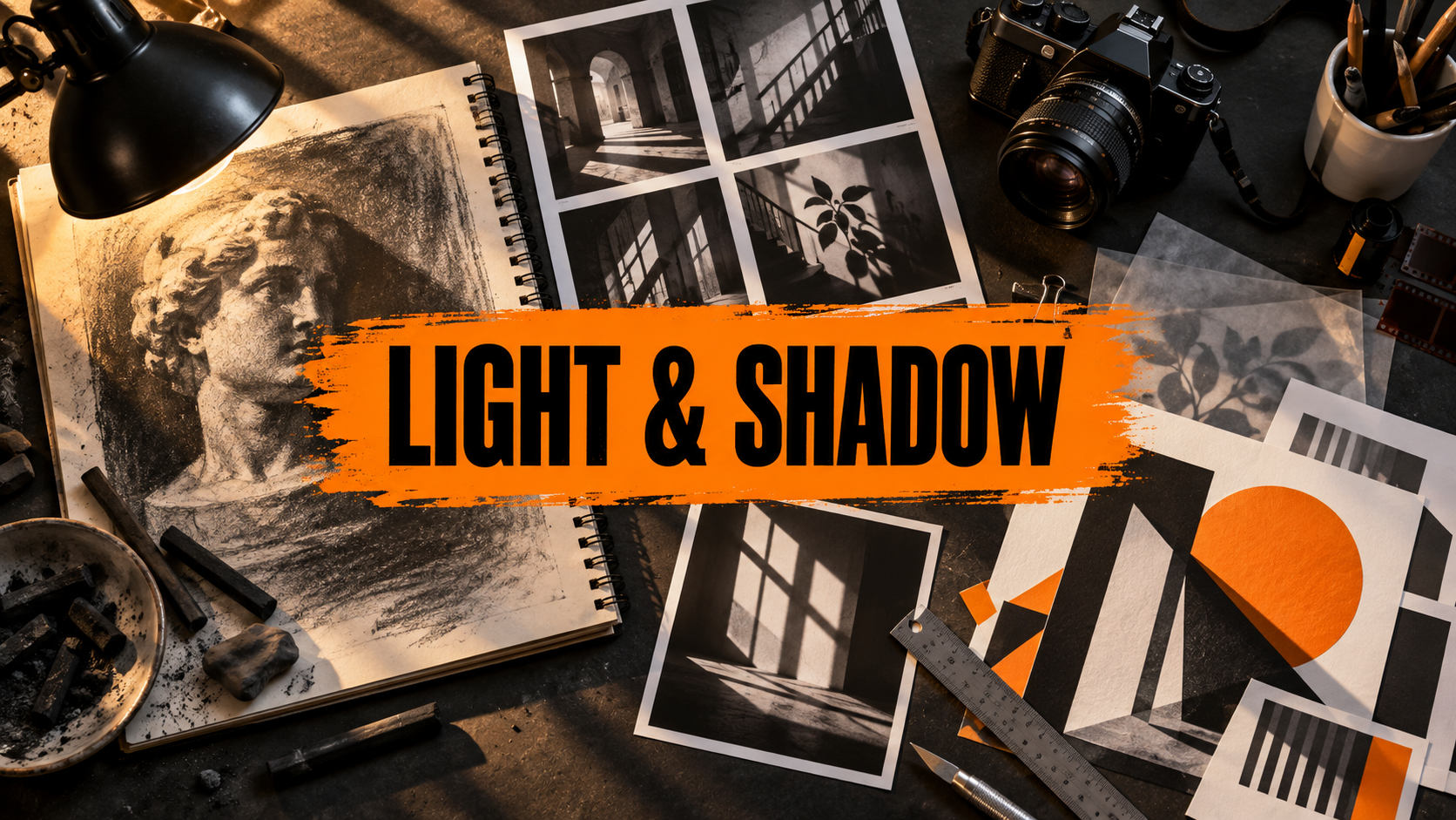 Light and Shadow art project montage with charcoal drawing, architectural photographs, camera and Graphic Communication studies