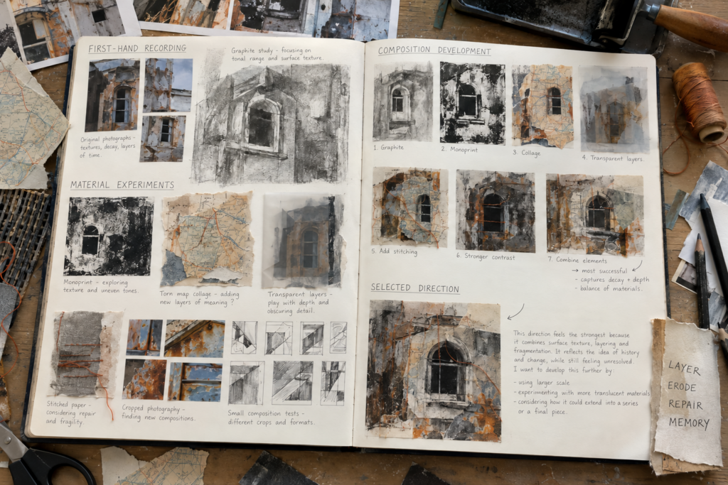 A Level Art sketchbook showing first-hand architectural recording, material experiments, composition development and a selected direction