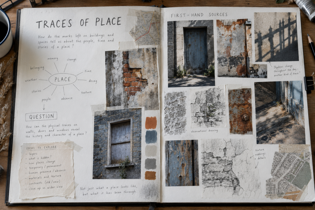 A Level Art Personal Investigation sketchbook turning the theme Traces of Place into a focused question with original photographs, drawings, maps and texture recordings
