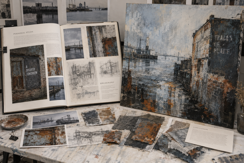 A Level Art Personal Investigation presentation connecting a written personal study, bibliography, original photographs, material tests and a resolved Traces of Place outcome
