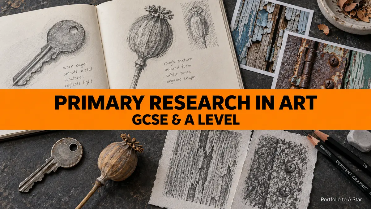 Illustrated art sketchbook with pencil studies, texture photographs and collected objects beneath a Primary Research in Art banner.