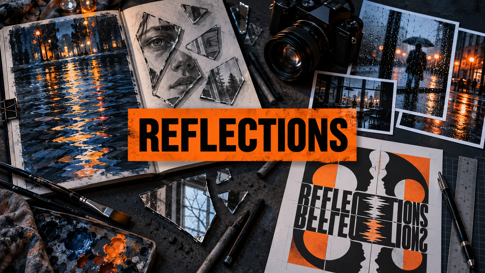 Reflections art project montage with Fine Art painting, mirrored portrait drawing, night photography and Graphic Communication design