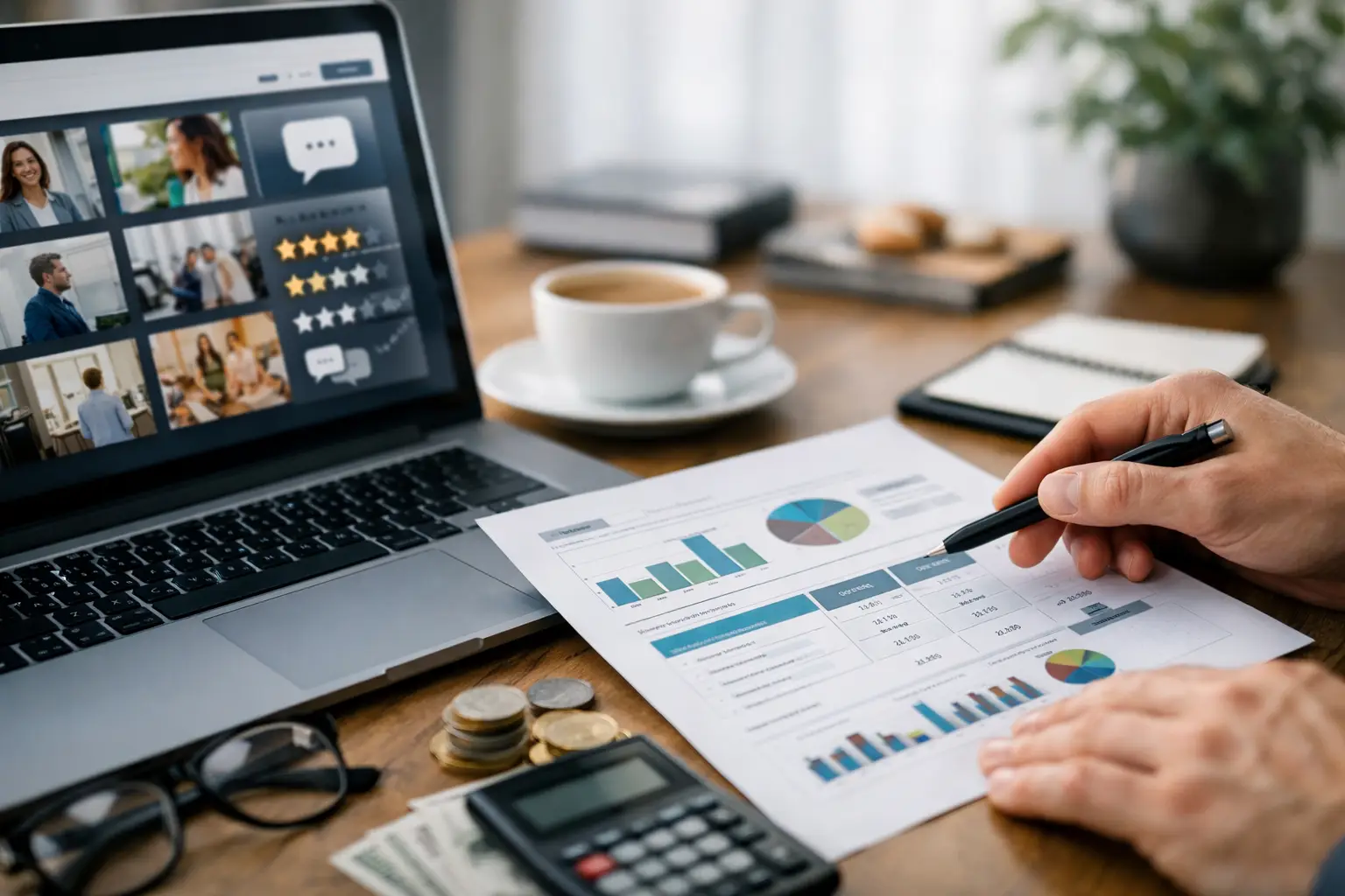 Laptop displaying portfolio feedback ratings beside a printed review report with charts