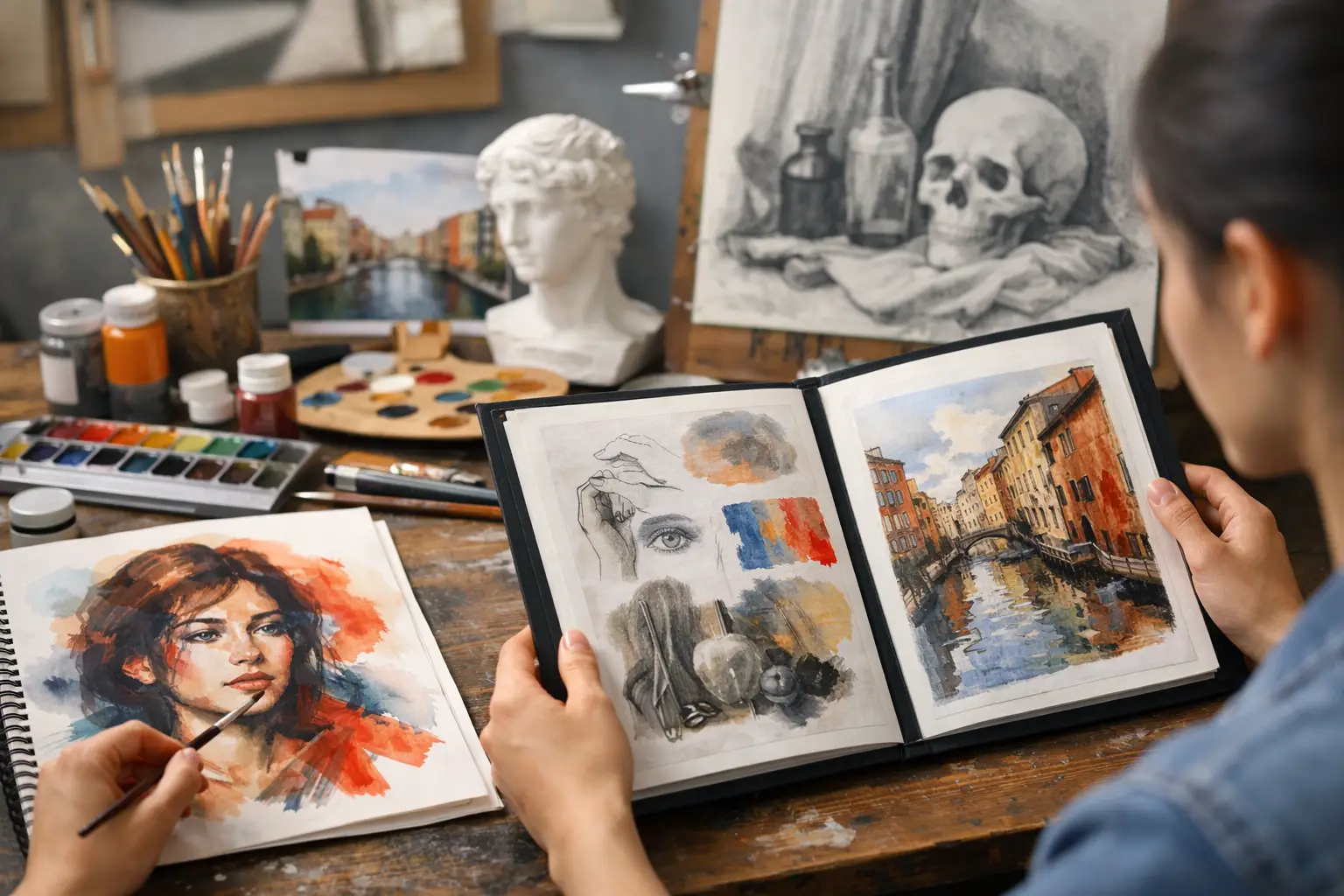 GCSE Art student reviewing portrait, skull, architecture and landscape studies across sketchbooks and a tablet