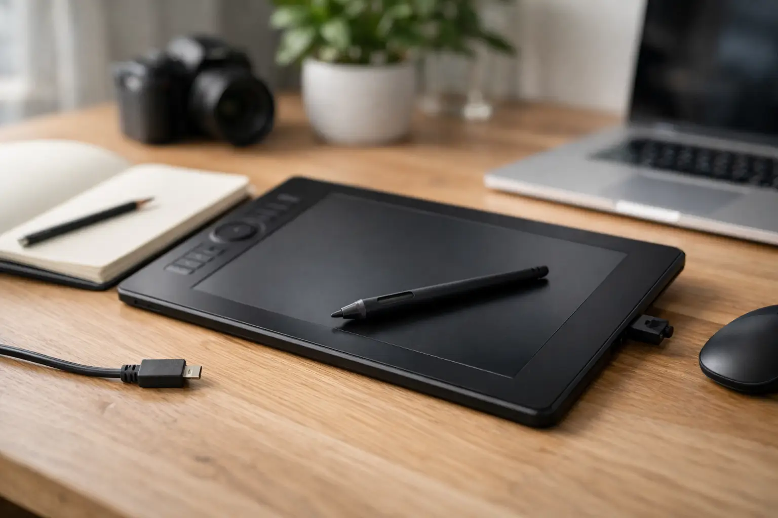 Graphic tablet, stylus, camera, sketchbook and laptop arranged on a desk