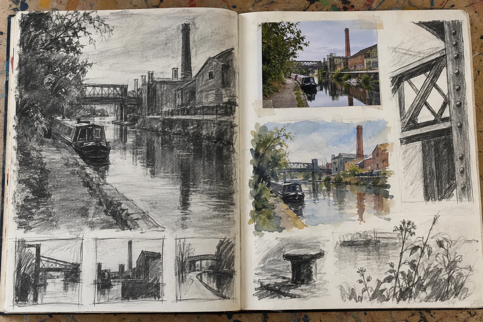 Mixed-media industrial landscape studies in an A Level Fine Art sketchbook
