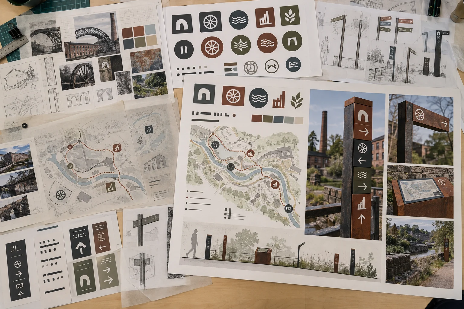 A Level Graphic Communication portfolio showing industrial heritage wayfinding designs