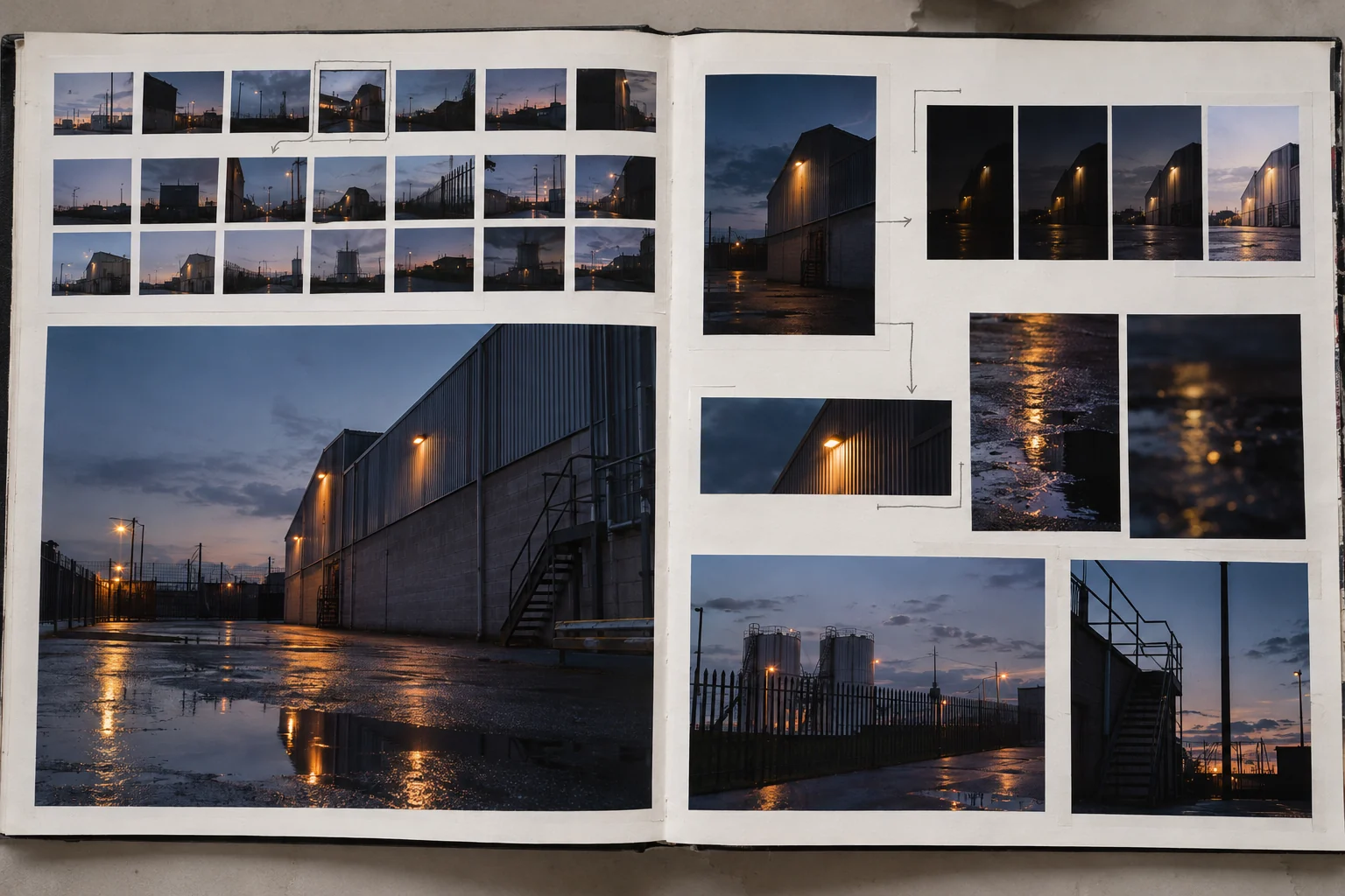 A Level Photography workbook exploring industrial landscapes at dusk