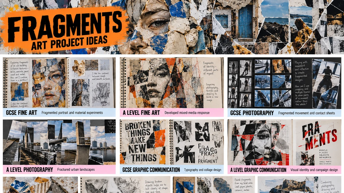 Original collage introducing Fragments art project ideas for GCSE and A Level Fine Art, Photography and Graphic Communication.