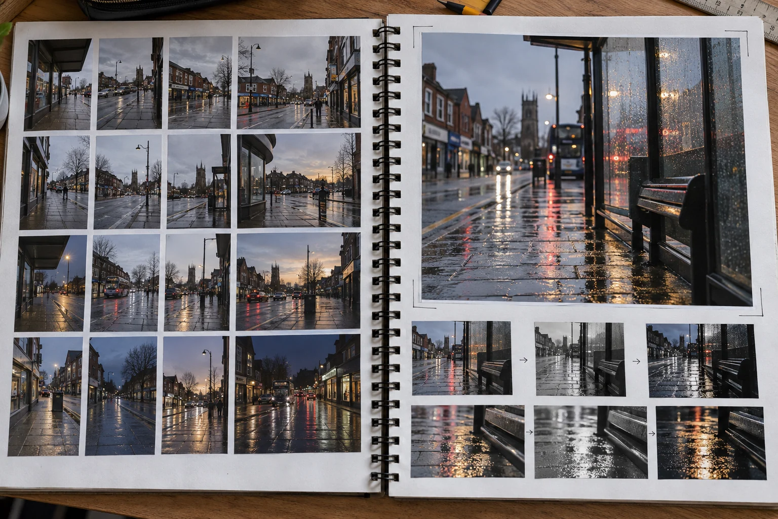 GCSE Fine Art sketchbook studies of a rainy high street and bus stop