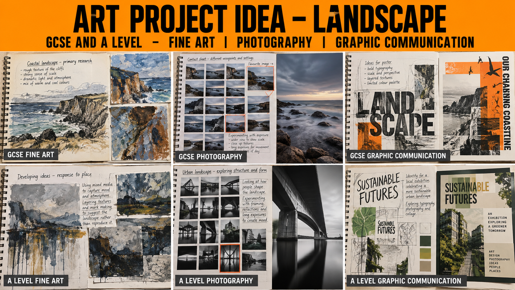 Collage of rural, urban and industrial landscape scenes for GCSE and A Level art