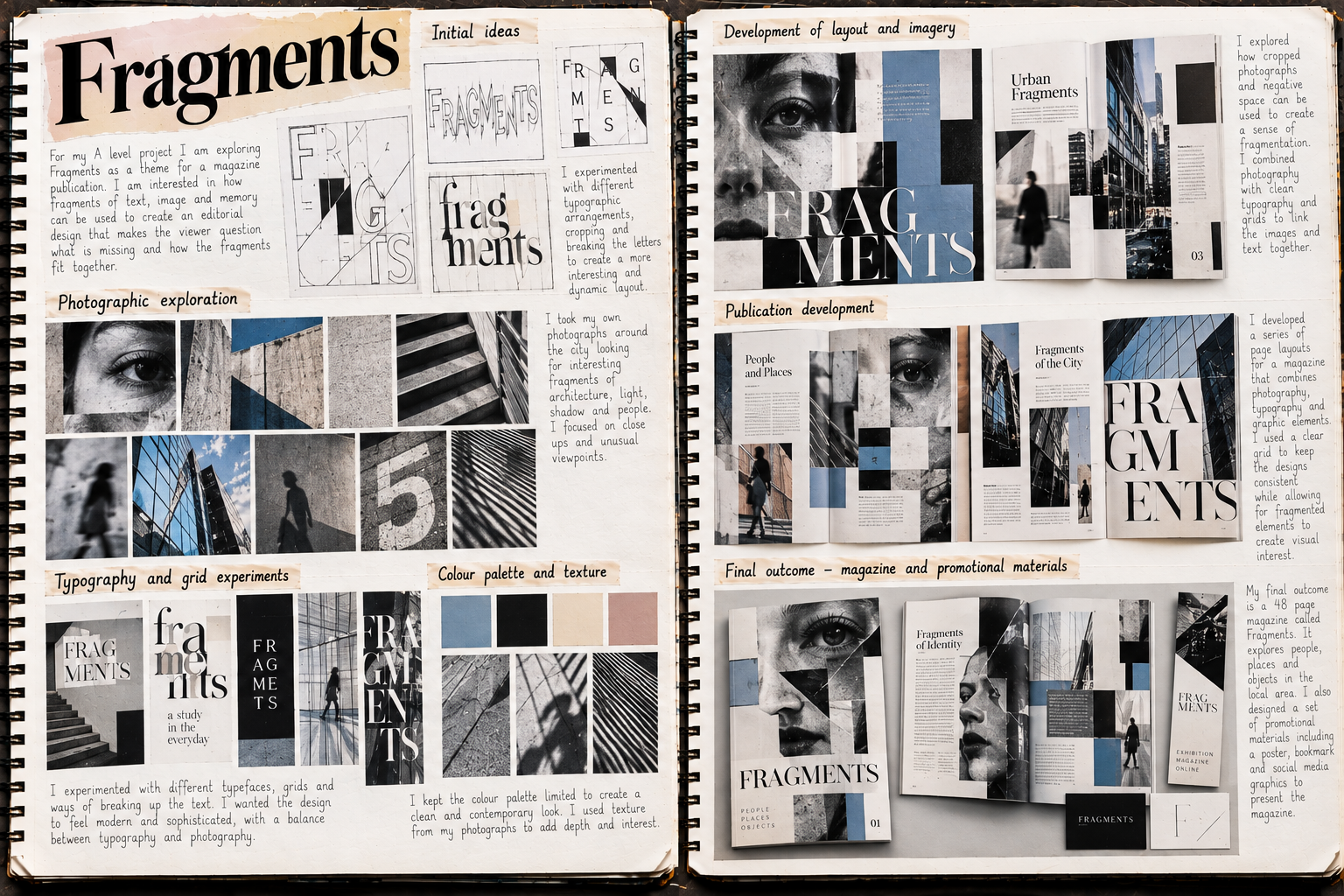 A Level Graphic Communication sketchbook exploring fragments through editorial photography, serif typography, grids and magazine layouts.