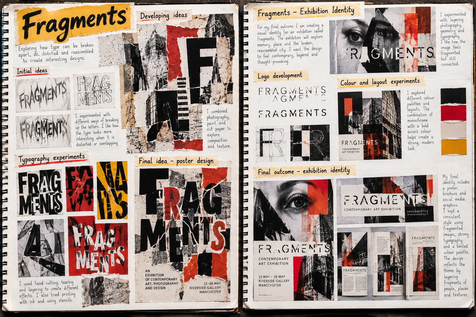 GCSE Graphic Communication sketchbook exploring cut-up lettering, distressed typography, initial ideas and poster development.
