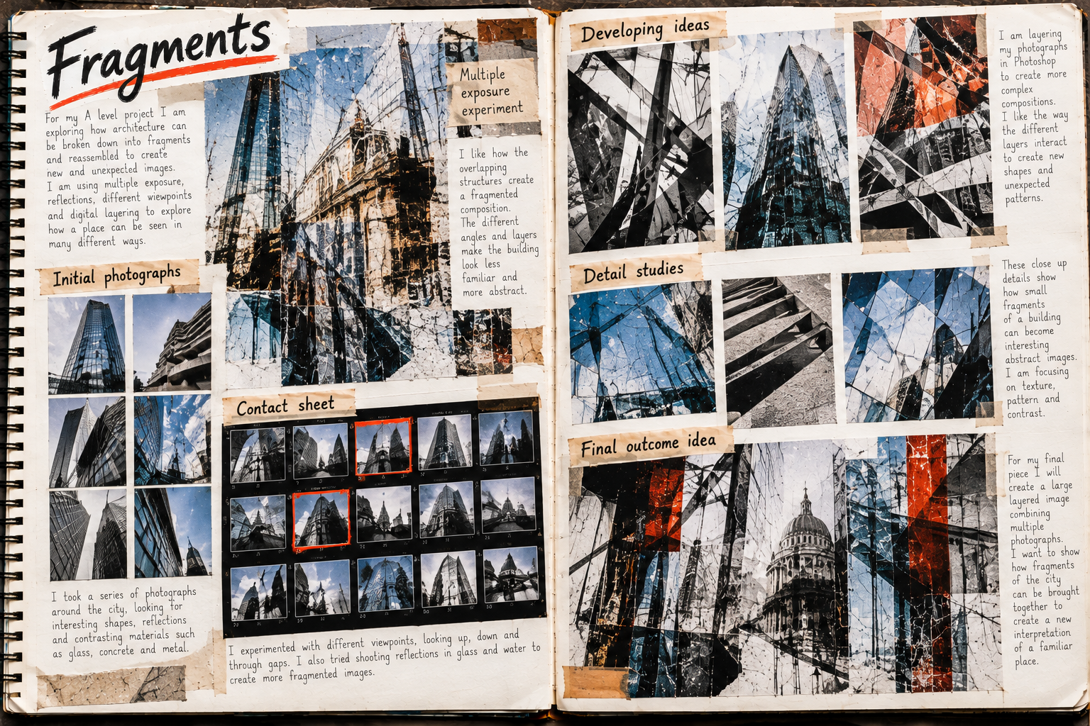 A Level Photography sketchbook exploring fragmented architecture, layered exposures, photographic sequencing and developed outcomes.