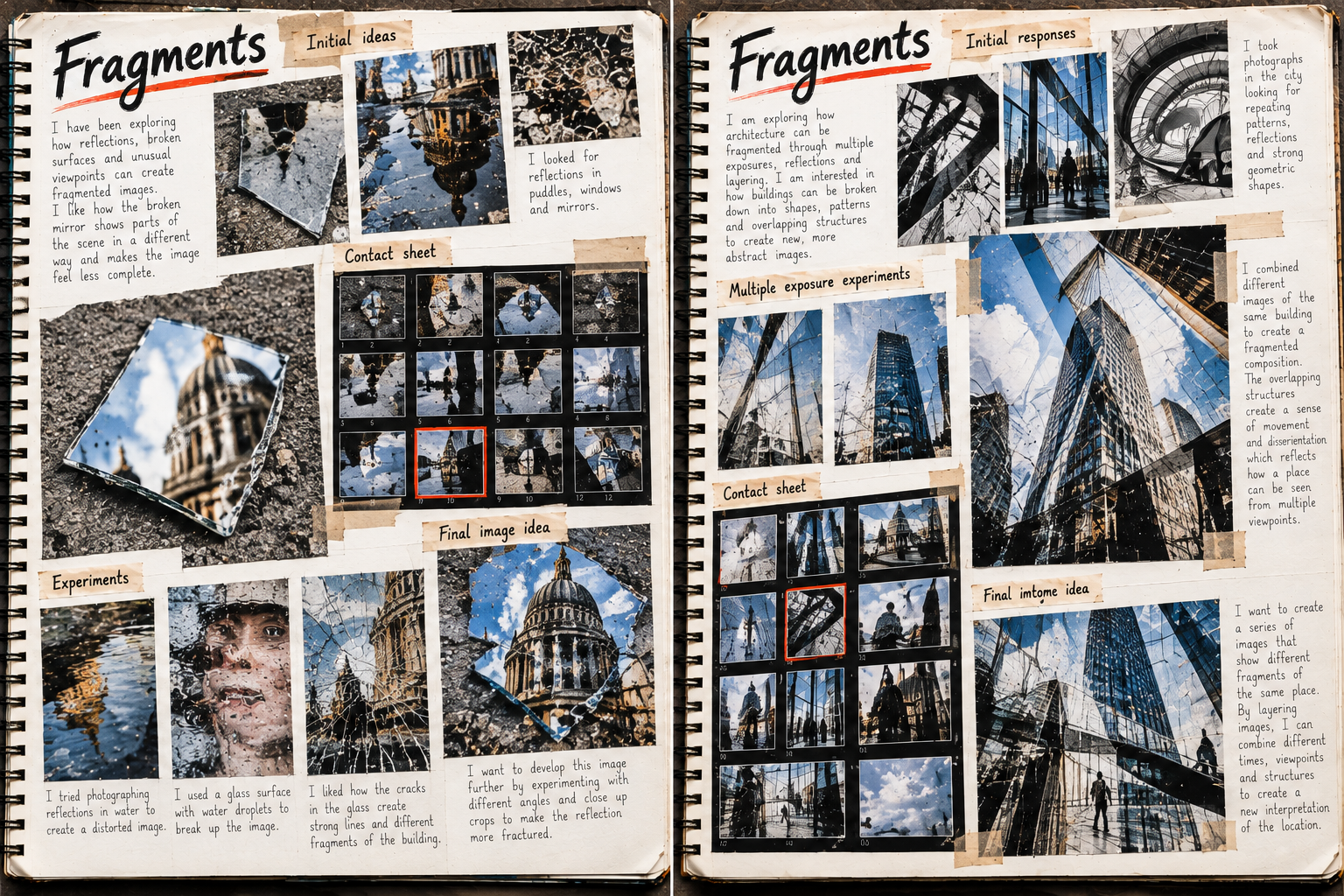 GCSE Photography sketchbook with contact sheets, photographs of architectural details and investigations of fragmented viewpoints.