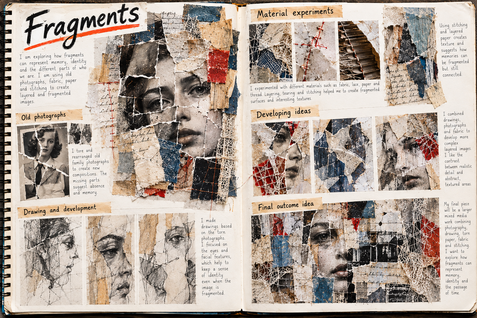 A Level Fine Art sketchbook exploring fragmented identity, reconstructed portraiture and layered mixed-media processes.