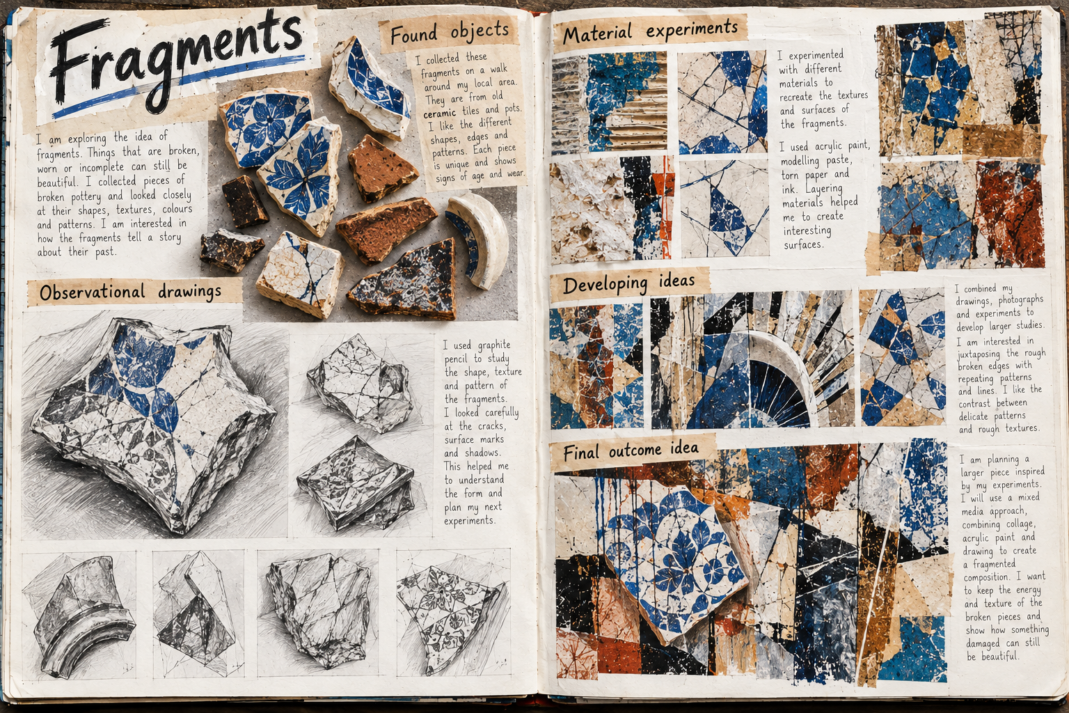 GCSE Fine Art sketchbook exploring broken ceramics, observational drawings, material experiments and blue patterned fragments.